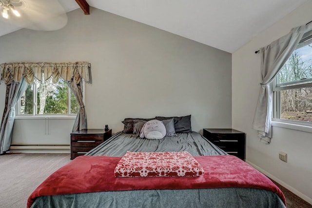 bedroom featuring vaulted ceiling with beams, baseboards, carpet floors, and a baseboard radiator