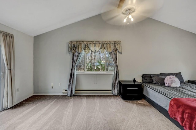 carpeted bedroom with a baseboard radiator, baseboards, ceiling fan, and vaulted ceiling