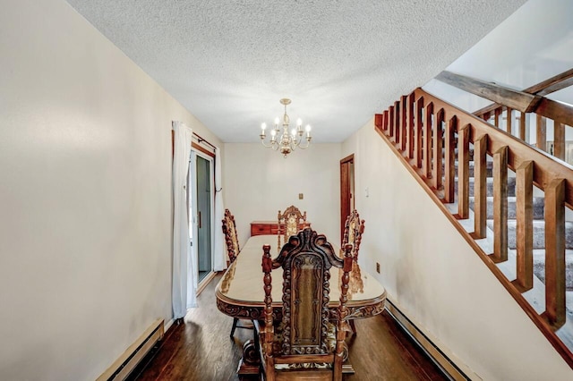 dining area with a notable chandelier, baseboard heating, stairs, and wood finished floors