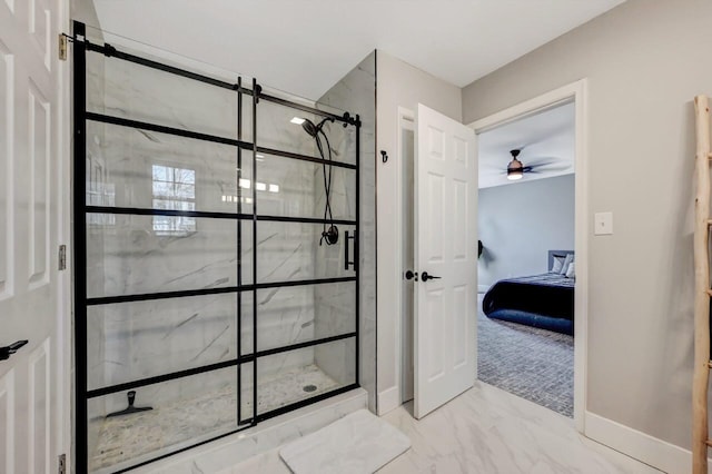 348 Mountain Top Lake Rd, Long Pond, PA 18334 - full bathroom with ensuite bathroom, a stall shower, baseboards, marble look tiles, and a ceiling fan