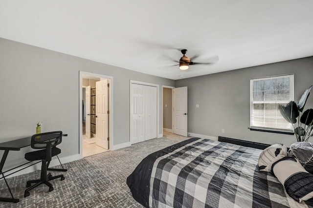 348 Mountain Top Lake Rd, Long Pond, PA 18334 - bedroom with carpet flooring, baseboards, a ceiling fan, and connected bathroom