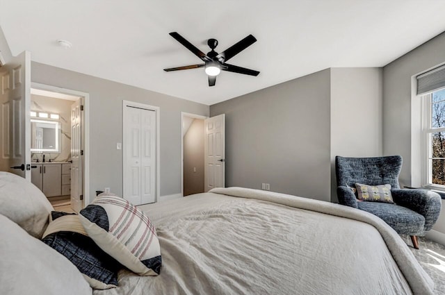 348 Mountain Top Lake Rd, Long Pond, PA 18334 - bedroom featuring ceiling fan, connected bathroom, and baseboards