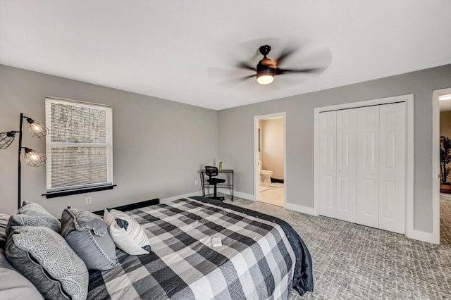 348 Mountain Top Lake Rd, Long Pond, PA 18334 - bedroom featuring light colored carpet, a closet, baseboards, ensuite bath, and ceiling fan