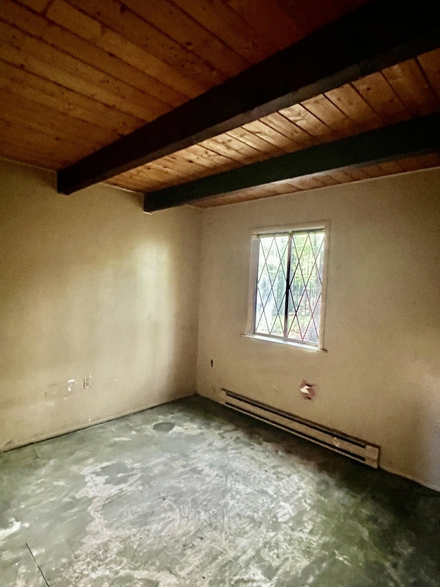 spare room featuring beamed ceiling, baseboard heating, and wood ceiling