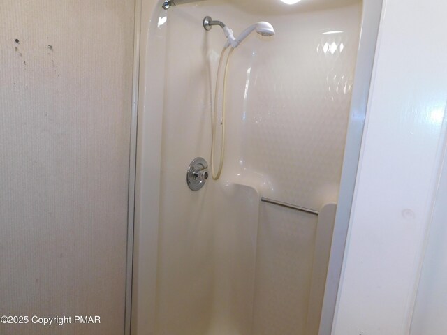 interior details featuring a stall shower