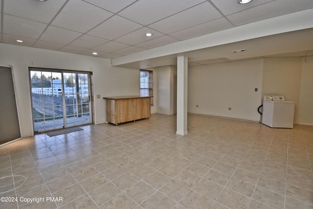 127 Bethpage Ter, Easton, PA 18042 - unfurnished living room featuring washer / clothes dryer, a drop ceiling, light tile patterned floors, and recessed lighting