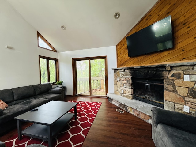 119 Sterling Cir, Bushkill, PA 18324 - living room featuring wood-type flooring, a fireplace, and high vaulted ceiling