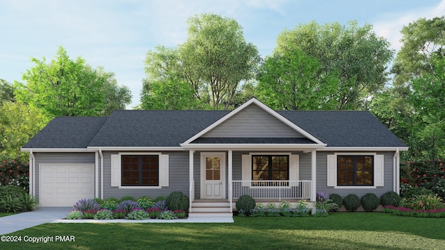 ranch-style home featuring a shingled roof, a front lawn, concrete driveway, covered porch, and an attached garage