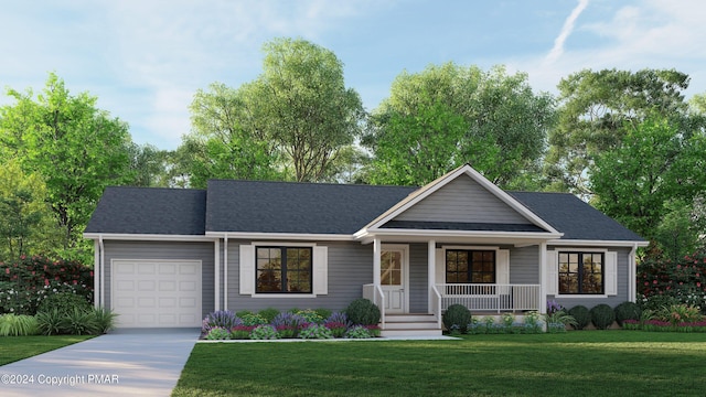 single story home featuring a front yard, driveway, covered porch, a shingled roof, and a garage