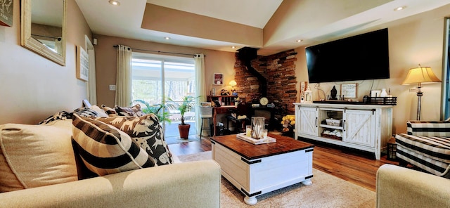 149 Oak, Cresco, PA 18326 - living room with wood finished floors, a wood stove, recessed lighting, and vaulted ceiling