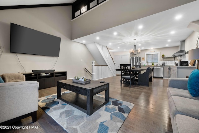 11 Middle Village Way, Tannersville, PA 18372 - living room featuring stairway, a chandelier, hardwood / wood-style floors, and recessed lighting