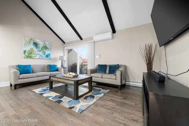 11 Middle Village Way, Tannersville, PA 18372 - living area featuring an AC wall unit, beamed ceiling, baseboard heating, and wood finished floors