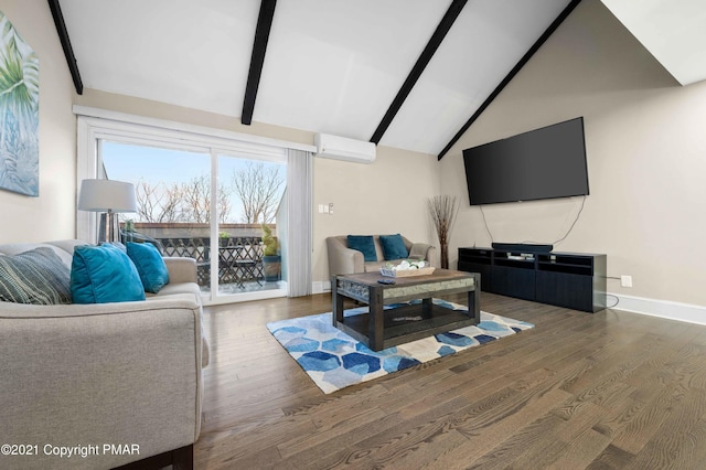 11 Middle Village Way, Tannersville, PA 18372 - living area with high vaulted ceiling, wood finished floors, baseboards, a wall mounted AC, and beamed ceiling