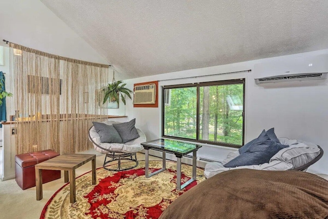 348 Fernwood Dr, East Stroudsburg, PA 18301 - carpeted living area with a wall mounted AC, vaulted ceiling, a textured ceiling, a wall mounted air conditioner, and baseboard heating