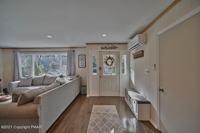 36 Maplewood Rd, Lake Harmony, PA 18624 - entrance foyer featuring a wall unit AC, dark wood-style floors, recessed lighting, and ornamental molding