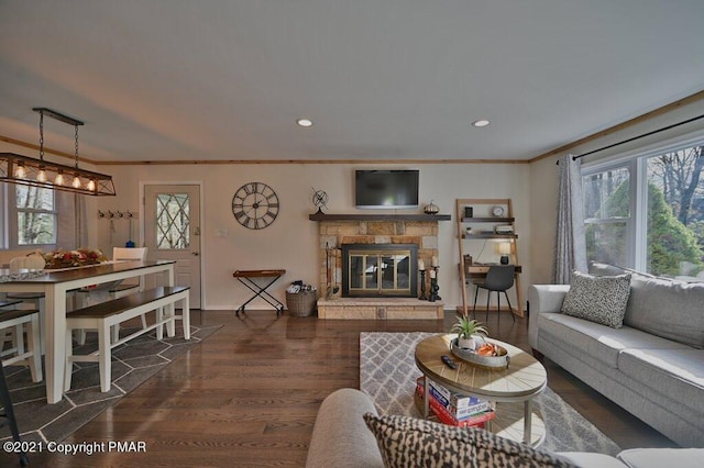 36 Maplewood Rd, Lake Harmony, PA 18624 - living area with crown molding, a stone fireplace, healthy amount of natural light, dark wood-style floors, and recessed lighting