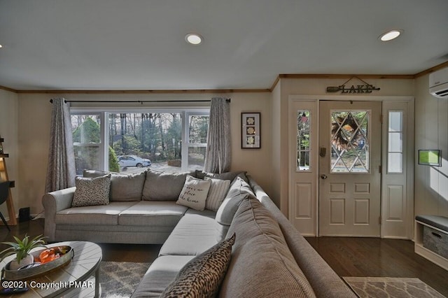 36 Maplewood Rd, Lake Harmony, PA 18624 - living area with ornamental molding, dark wood-style flooring, and recessed lighting