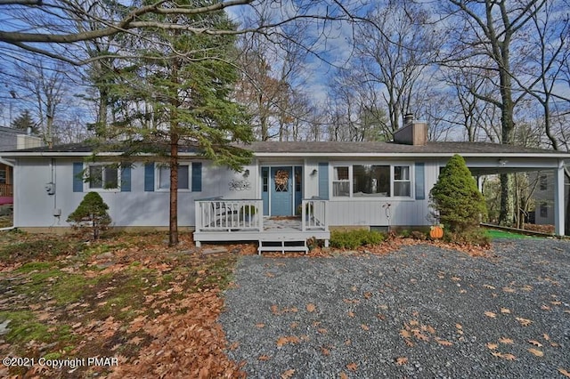 36 Maplewood Rd, Lake Harmony, PA 18624 - ranch-style home with a chimney, a deck, and a shingled roof