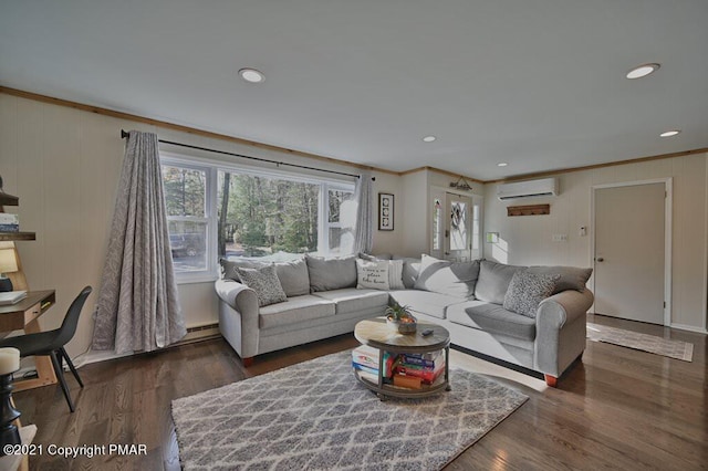 36 Maplewood Rd, Lake Harmony, PA 18624 - living room with a wall mounted air conditioner, crown molding, dark wood-style floors, baseboard heating, and recessed lighting