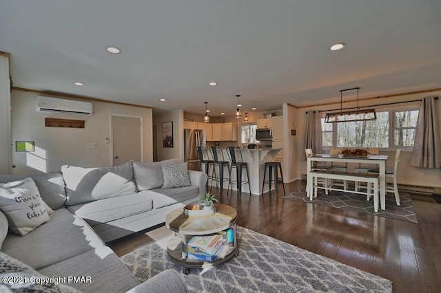 36 Maplewood Rd, Lake Harmony, PA 18624 - living room with a wall unit AC, dark wood-type flooring, and recessed lighting