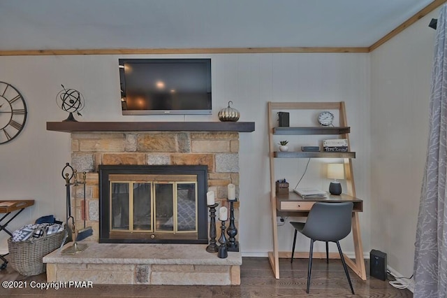 36 Maplewood Rd, Lake Harmony, PA 18624 - detailed view of wood finished floors, an office area, a fireplace, and ornamental molding