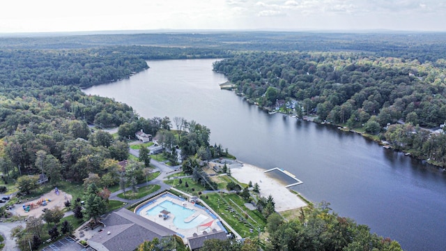 drone / aerial view featuring a water view and a view of trees