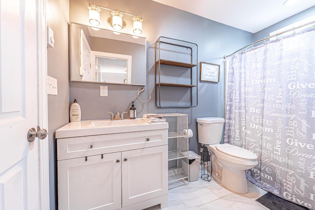 bathroom with toilet, marble finish floor, a shower with shower curtain, and vanity