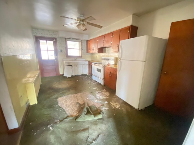 kitchen with ceiling fan, light countertops, white appliances, and brown cabinets