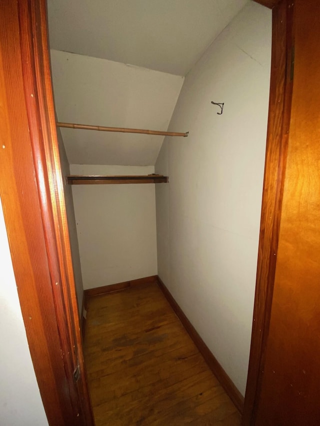 walk in closet featuring vaulted ceiling and wood finished floors