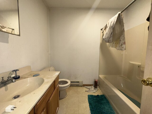 bathroom featuring a baseboard heating unit, toilet, vanity, and shower / tub combination