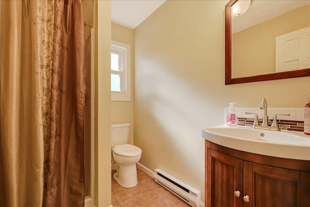 154 Elgin Way, Bushkill, PA 18324 - bathroom featuring vanity, toilet, tile patterned floors, a baseboard heating unit, and a shower with curtain