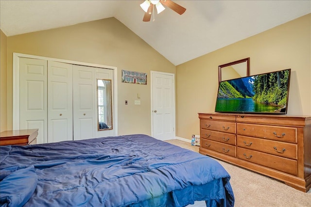 154 Elgin Way, Bushkill, PA 18324 - bedroom with carpet, a ceiling fan, baseboards, lofted ceiling, and a closet