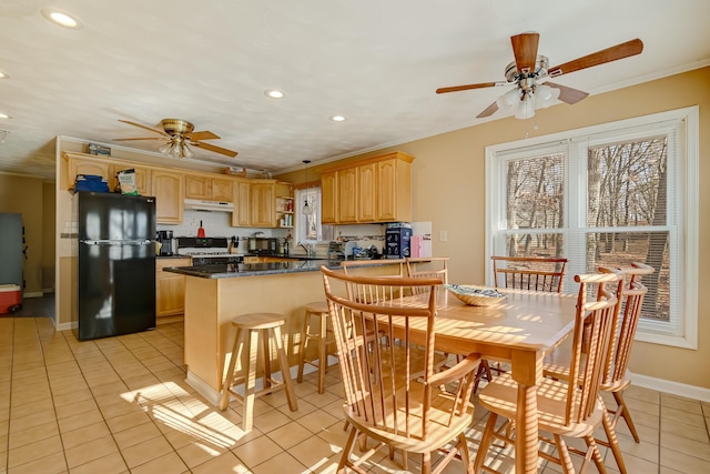 154 Elgin Way, Bushkill, PA 18324 - kitchen featuring freestanding refrigerator, a ceiling fan, under cabinet range hood, and light tile patterned floors