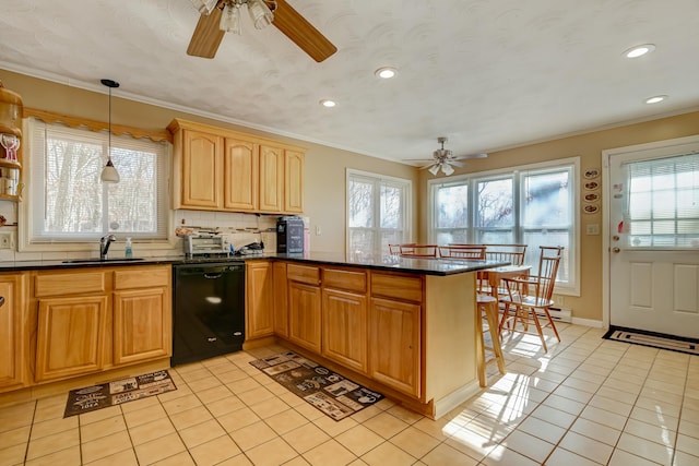 154 Elgin Way, Bushkill, PA 18324 - kitchen featuring black dishwasher, light tile patterned floors, ceiling fan, and a sink
