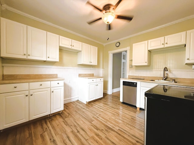 233 Lafayette Ave, Palmerton, PA 18071 - kitchen with dishwasher, ceiling fan, white cabinetry, refrigerator, and crown molding