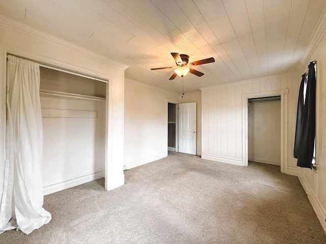 233 Lafayette Ave, Palmerton, PA 18071 - unfurnished bedroom featuring crown molding, light colored carpet, wooden ceiling, and a ceiling fan