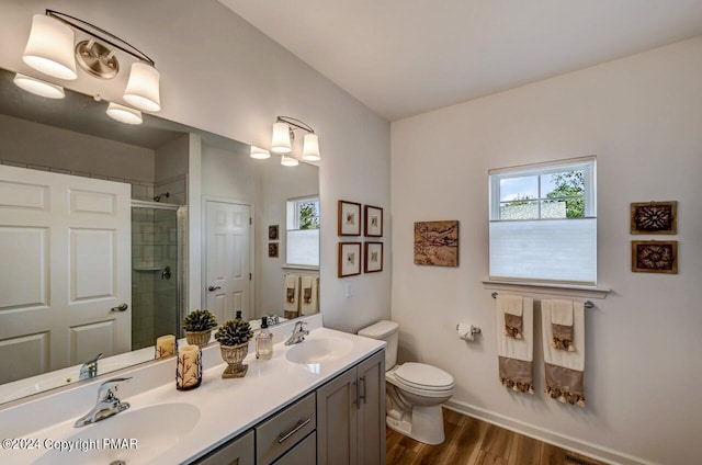 bathroom with toilet, plenty of natural light, a shower stall, and a sink