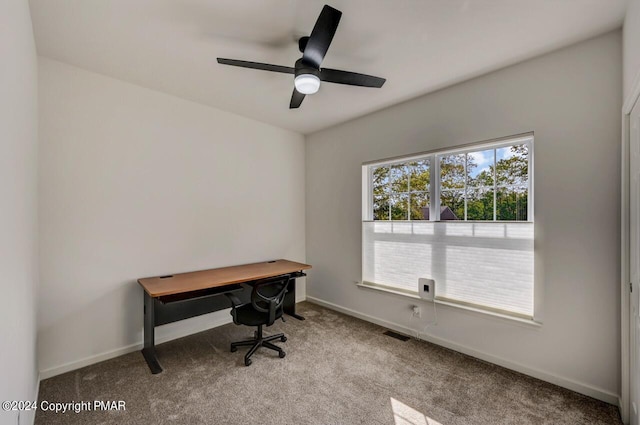 office space with carpet, visible vents, and baseboards