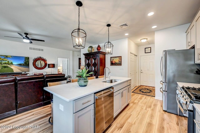 kitchen with stainless steel appliances, visible vents, open floor plan, a sink, and light wood-type flooring