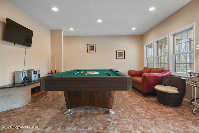 rec room with recessed lighting and pool table