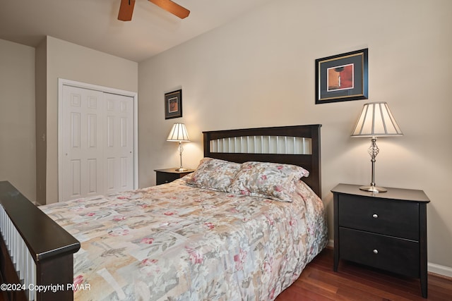 bedroom featuring ceiling fan, a closet, and wood finished floors