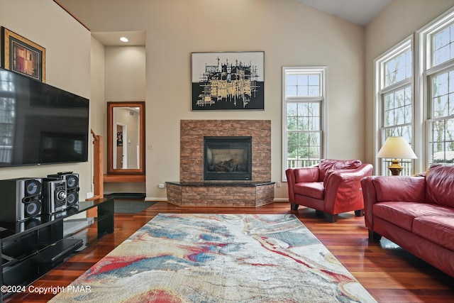 living room with a healthy amount of sunlight, a stone fireplace, and wood finished floors