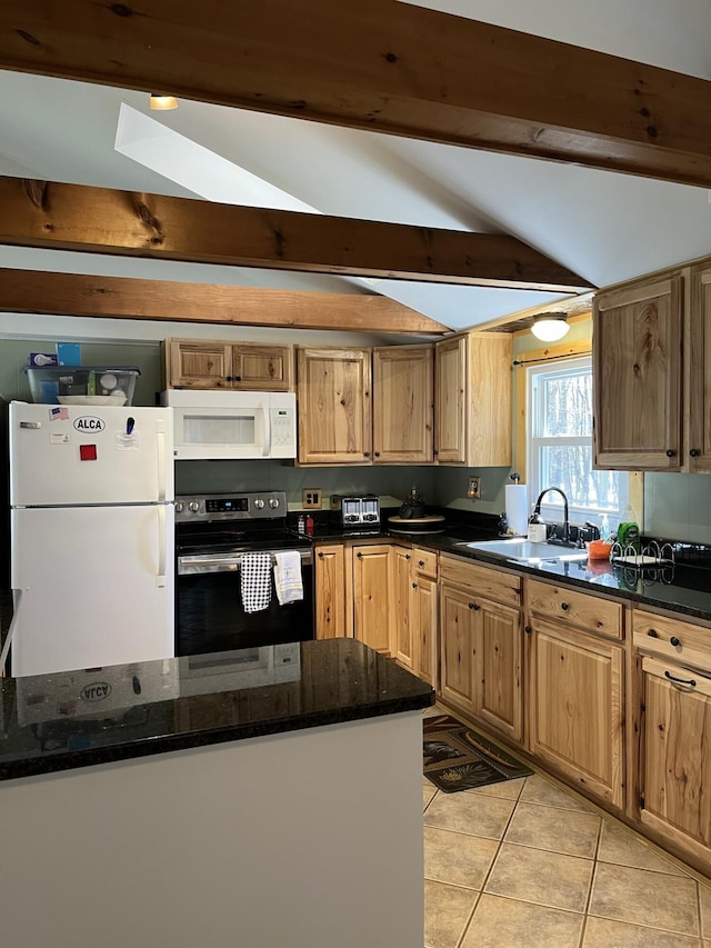 kitchen featuring lofted ceiling with beams, light tile patterned flooring, a sink, dark stone counters, and white appliances