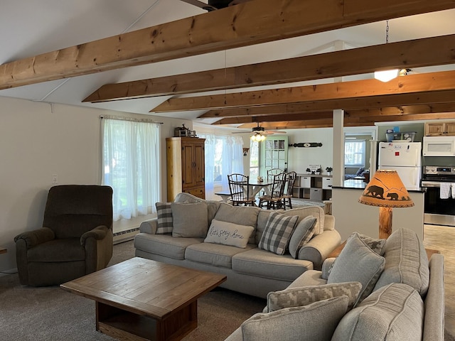 living area featuring vaulted ceiling with beams, ceiling fan, and baseboard heating