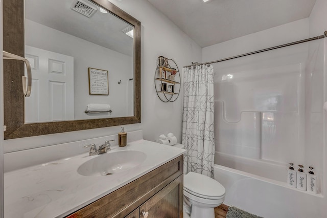 bathroom with visible vents, shower / bath combination with curtain, toilet, and vanity