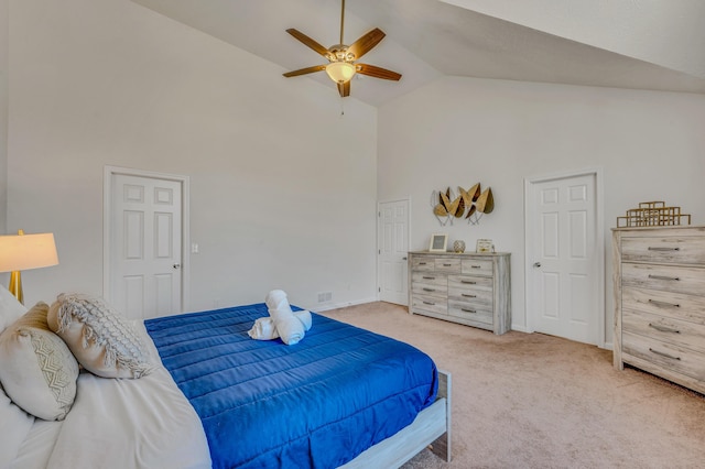 bedroom featuring high vaulted ceiling, a ceiling fan, baseboards, and light carpet