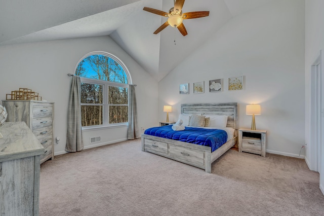 carpeted bedroom featuring a ceiling fan, baseboards, visible vents, and high vaulted ceiling