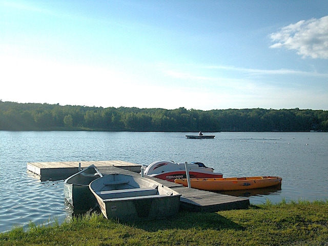 view of dock with a forest view and a water view