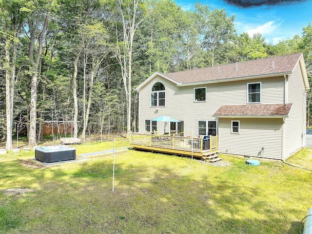 291 White Pine Dr, Pocono Lake, PA 18347 - back of property with a hot tub, roof with shingles, a yard, and a deck