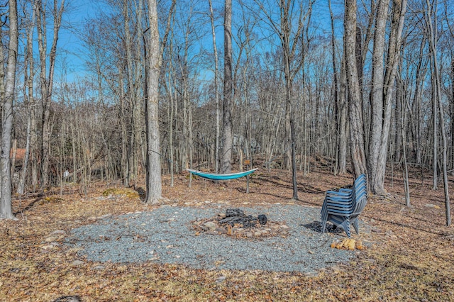 view of yard featuring a forest view